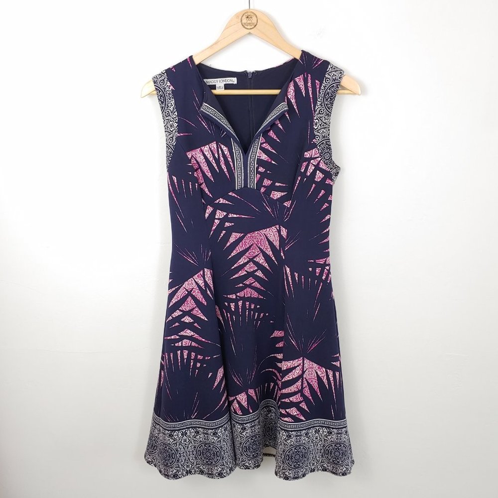 Maggy London Navy Palm Print A-Line Fit and Flare Dress size 6